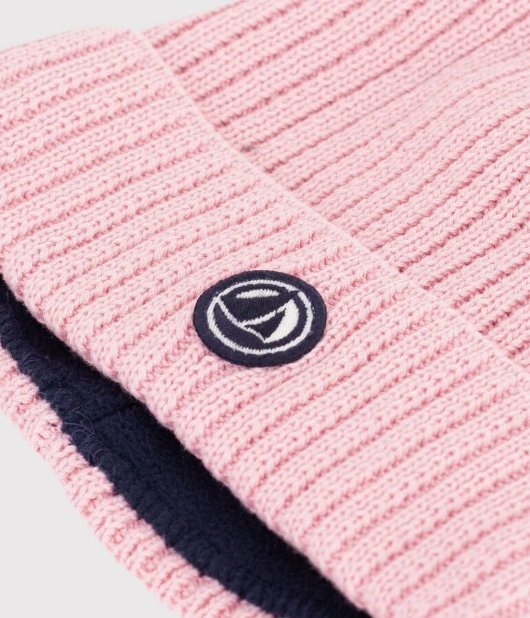 Children's knitted beanie hat lined in polar fleece pink
