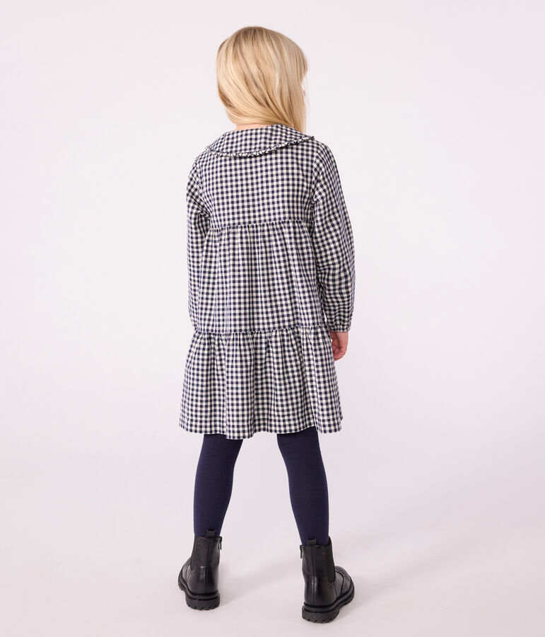 Children's long-sleeved checked flannel dress blue/ecru