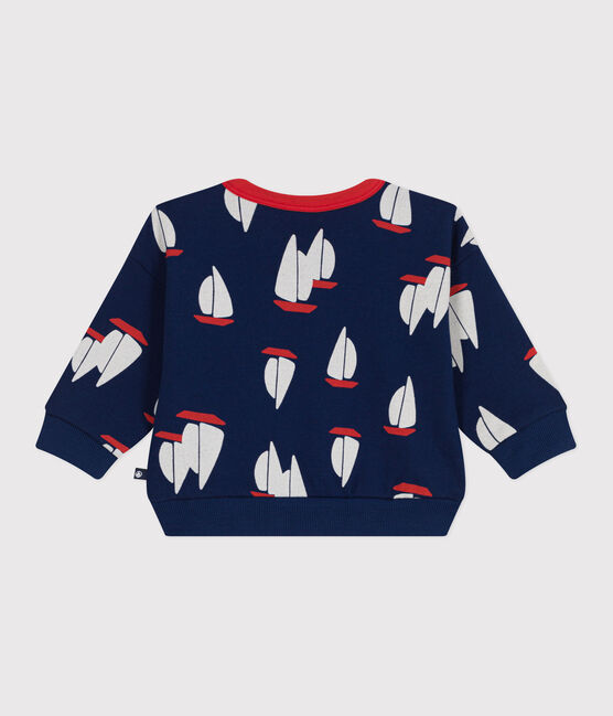 Babies' cotton sweatshirt with a large-scale boat print MEDIEVAL blue/MULTICO white