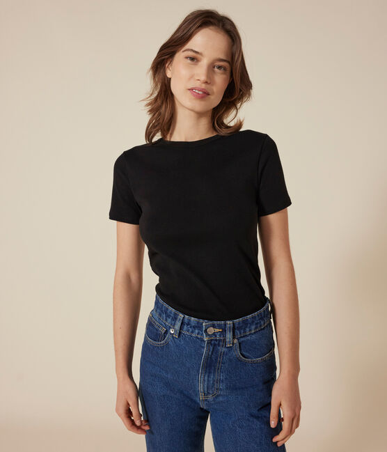 Women's Iconic plain short-sleeved rib knit T-shirt BLACK black