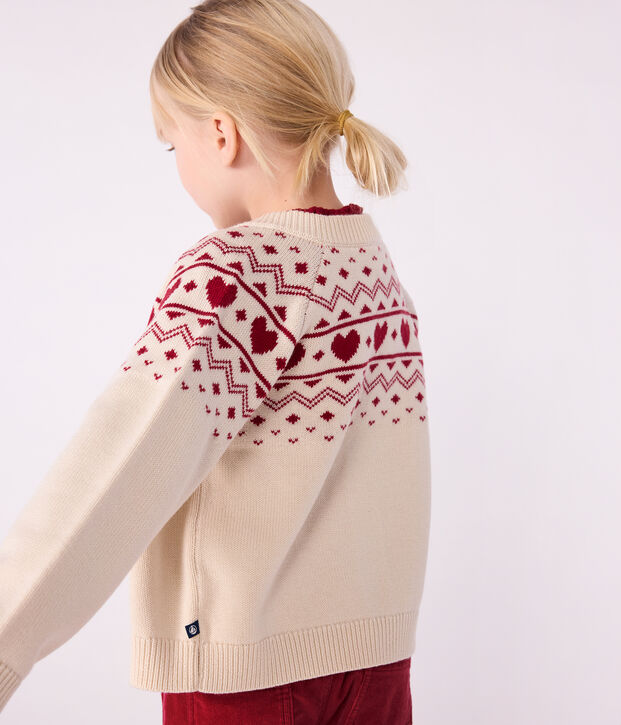 Children's cotton and wool patterned jacquard cardigan Ecru/red