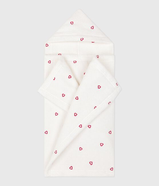 Babies' terry bath cape with embroidered hearts MARSHMALLOW white/CHARME pink
