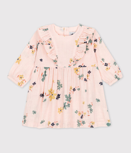 Babies' Long-Sleeved Patterned Cotton Gauze Dress SALINE pink/MULTICO white