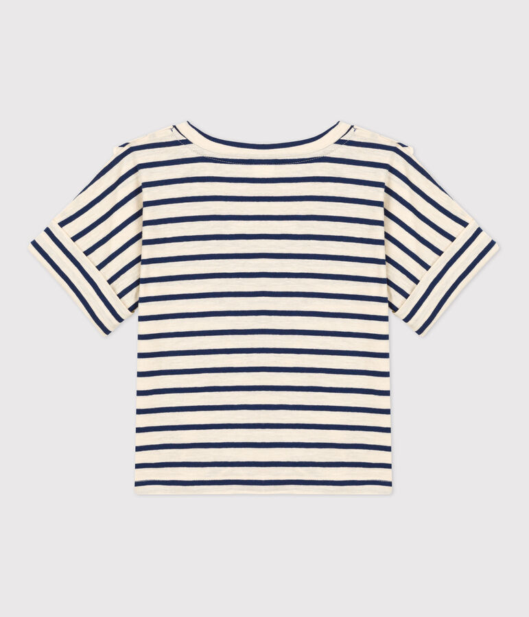 Girls' Short-Sleeved Cotton T-Shirt Ecru/blue