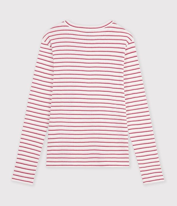 Women's long-sleeved stripy cotton T-shirt white/red