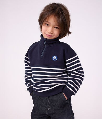 Children's stripy shawl collared cotton sweatshirt