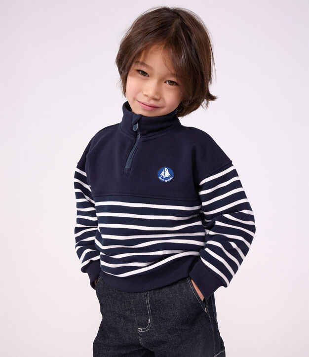 Children's stripy shawl collared cotton sweatshirt blue/white
