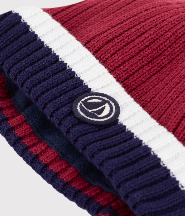 Babies' knitted beanie with a fleece lining red/multicolor