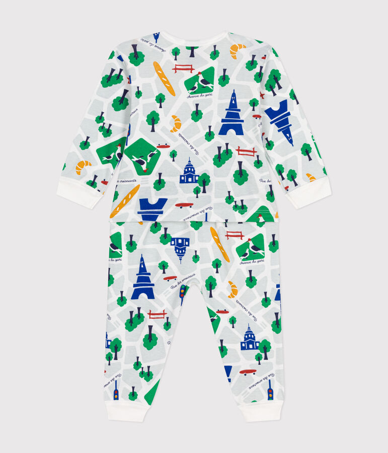 Babies' Paris Print Footless Cotton Pyjamas MARSHMALLOW white/MEDIEVAL blue