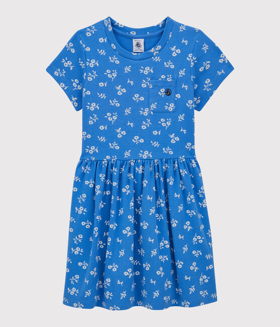 Girls' Short-Sleeved Cotton Dress BRASIER blue/MARSHMALLOW grey