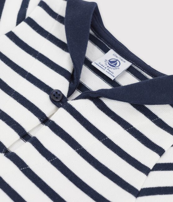 Babies' Thick Organic Jersey Dress With Open Collar MARSHMALLOW white/SMOKING blue