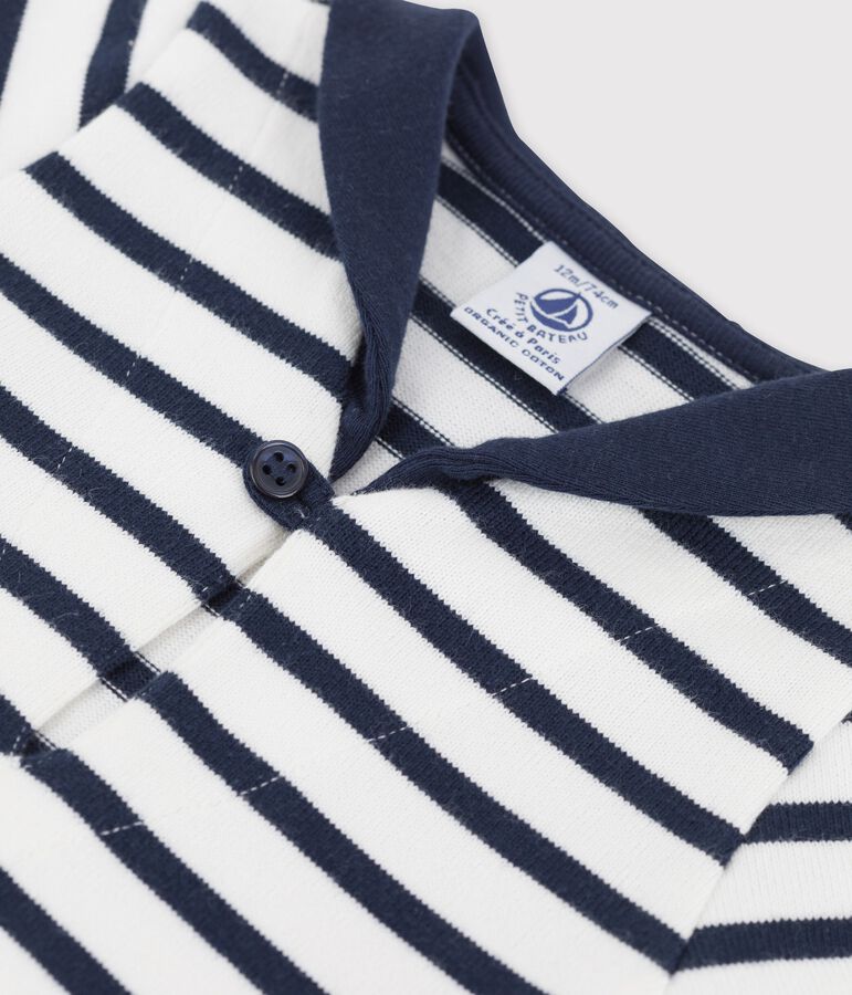 Babies' Thick Organic Jersey Dress With Open Collar white/blue