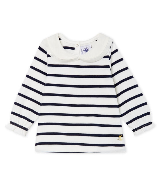 Baby Girls' Long-Sleeved Blouse with Sailor Stripes MARSHMALLOW white/SMOKING CN blue