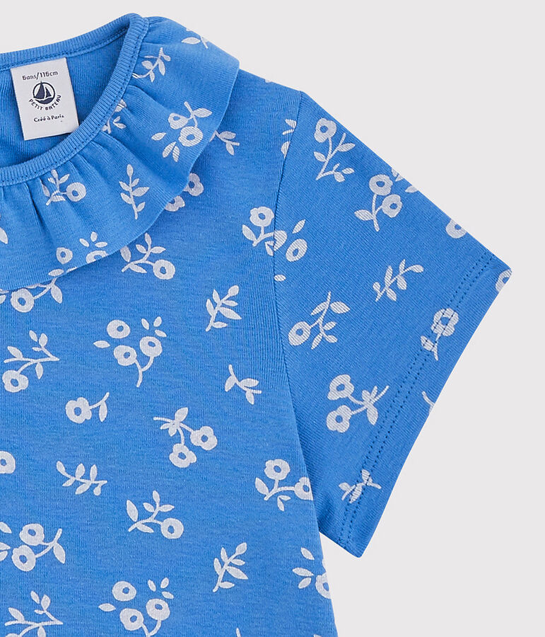 Girls' Short-Sleeved Cotton T-Shirt blue/white