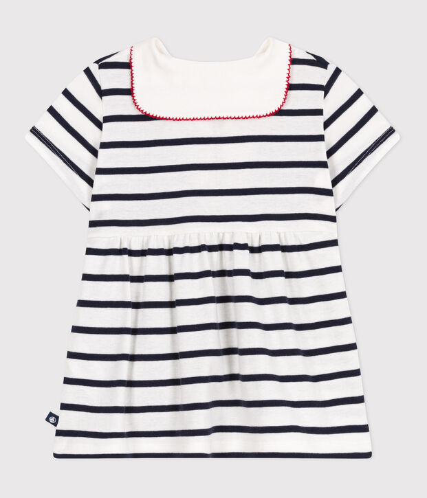 Babies' short-sleeved Breton top with a sailor collar white/blue