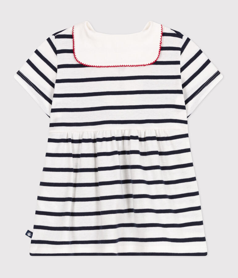 Babies' short-sleeved Breton top with a sailor collar MARSHMALLOW white/SMOKING blue