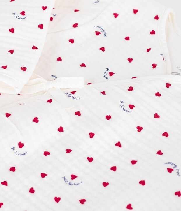 Baby romper in cotton gauze with a small heart print white/multicolor