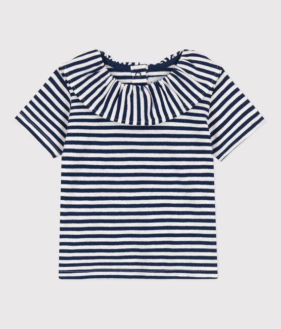Babies' Striped Short-Sleeved Slub Jersey Blouse MEDIEVAL blue/MARSHMALLOW white