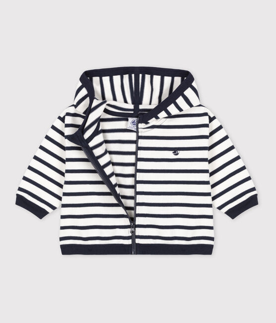 Babies' Stripy Thick Jersey Breton Hoodie MARSHMALLOW white/SMOKING blue