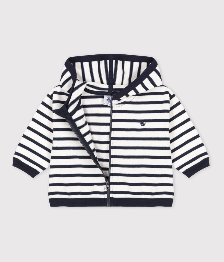 Babies' Stripy Thick Jersey Breton Hoodie white/blue