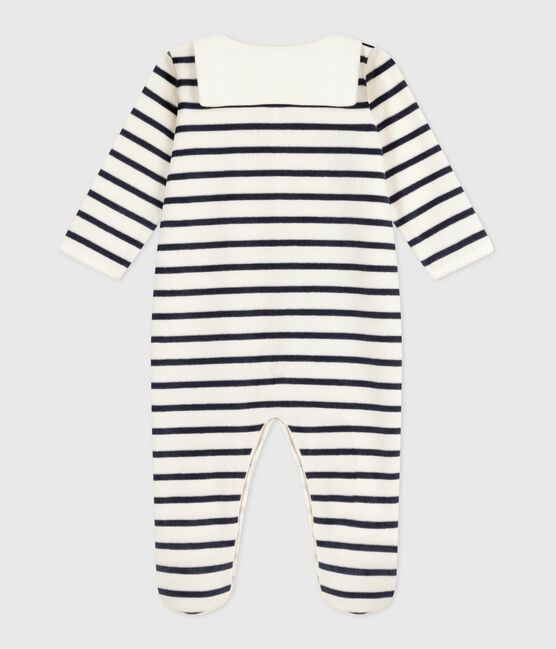 Babies' stripy velour pyjama suit MARSHMALLOW white/SMOKING blue