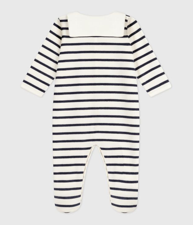 Babies' stripy velour pyjama suit white/blue