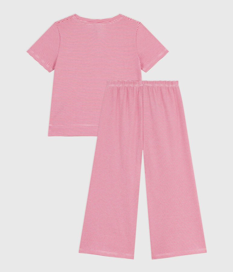Children's stripy cotton pyjamas with short sleeves and wide legs pink/white