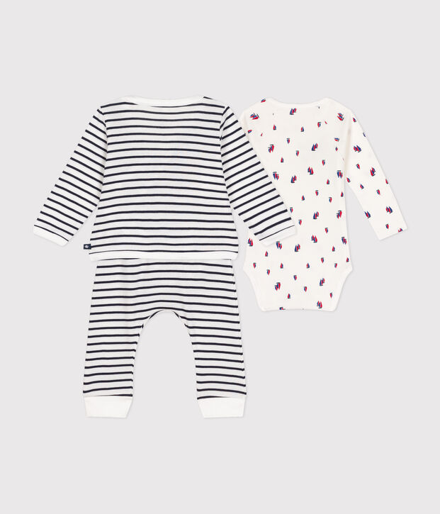Babies' three-piece cotton outfit white/blue