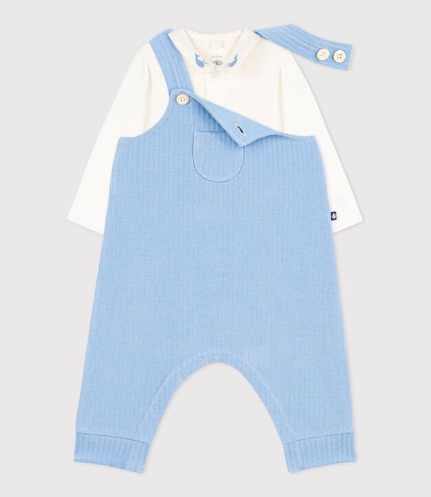 Babies' dungarees/body set in plain cotton with embroidered details blue/ecru