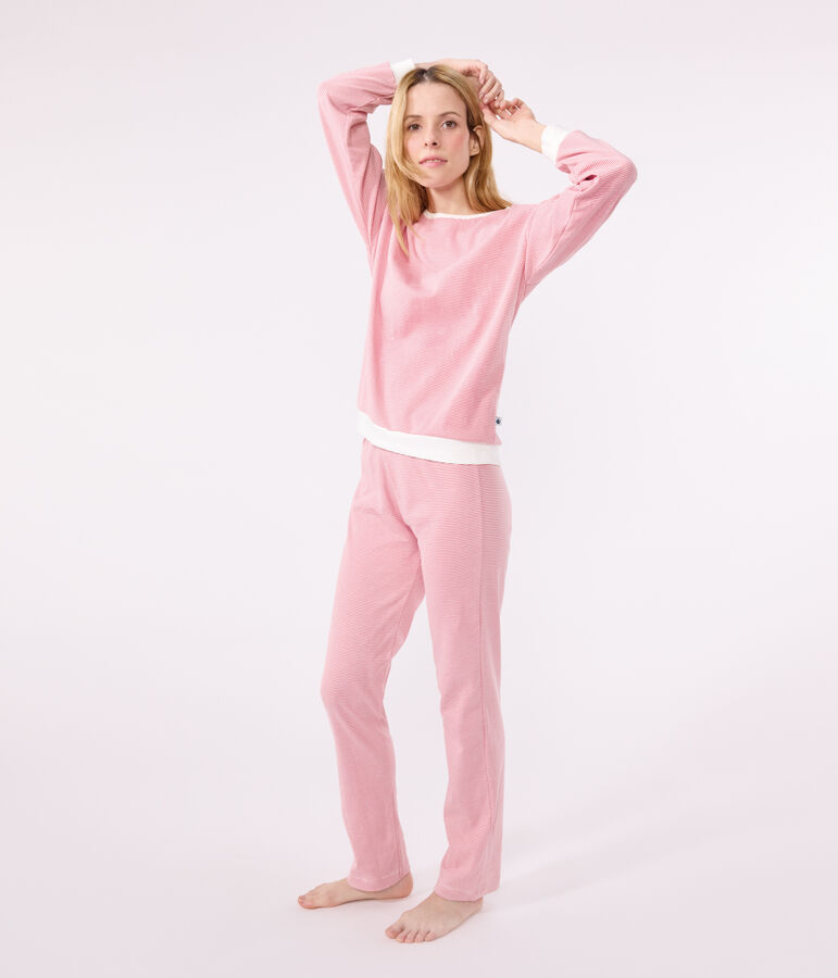 Women's stripy cotton pyjamas pink/white