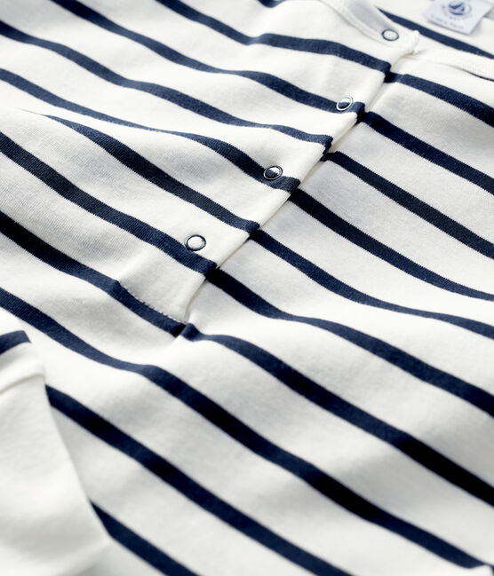 Women's Breton Stripe Cotton T-Shirt with Henley Neck MARSHMALLOW white/SMOKING blue