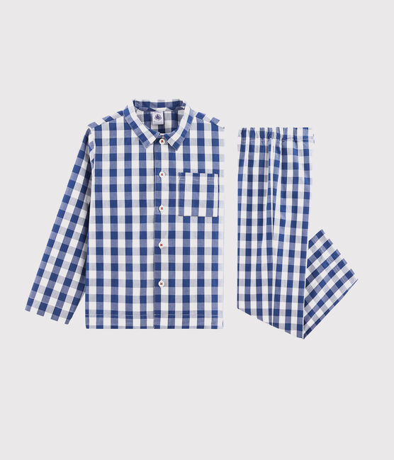 Boys' Checked Twill Pyjamas MEDIEVAL blue/MARSHMALLOW white
