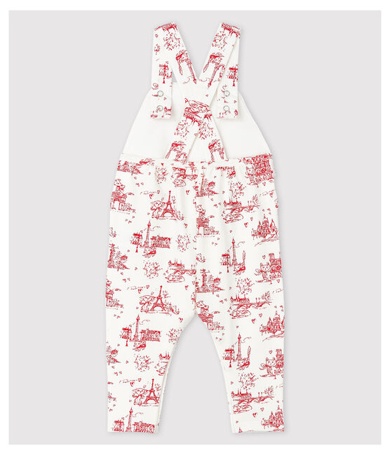 Baby Girls' Long Fleece Dungarees MARSHMALLOW white/TERKUIT red