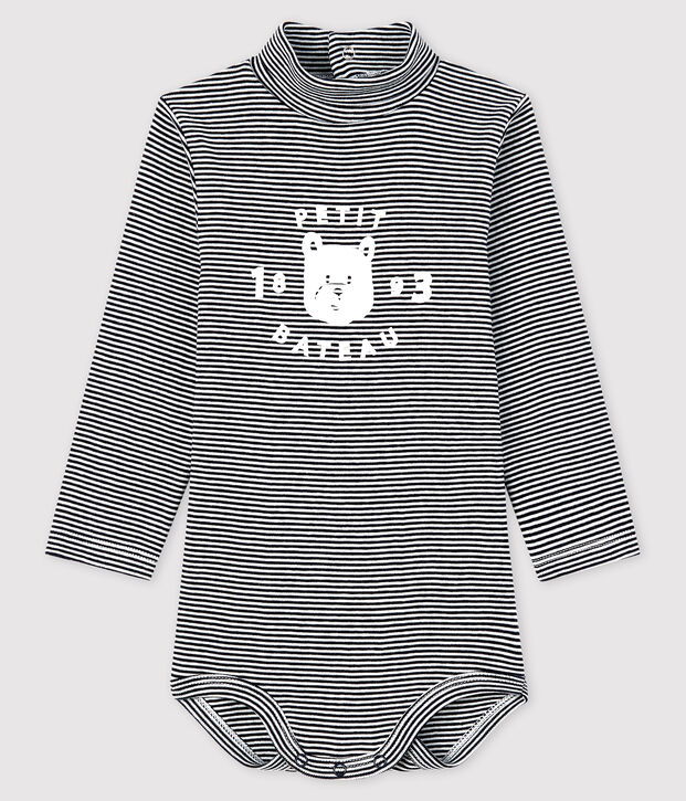 Baby's long-sleeved roll-neck bodysuit blue/white