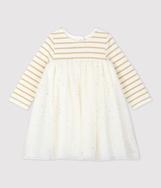 Baby Girls' Long-Sleeved Dual Material Dress COQUILLE beige/LUREX DORE yellow