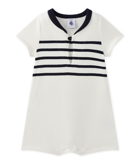 Baby boy's short-sleeved romper MARSHMALLOW white/SMOKING blue
