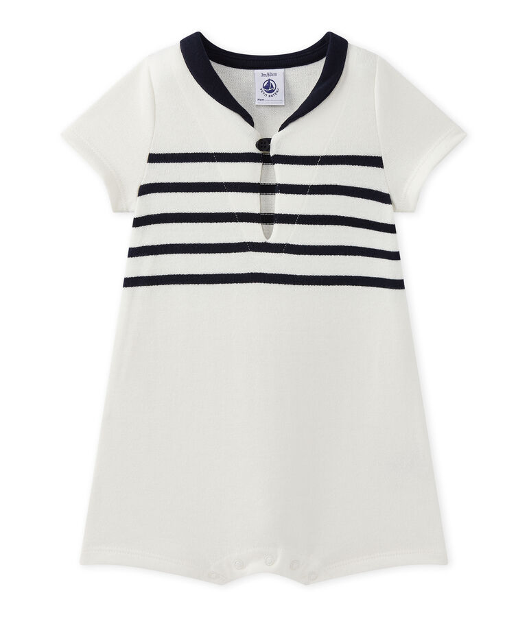 Baby boy's short-sleeved romper MARSHMALLOW white/SMOKING blue