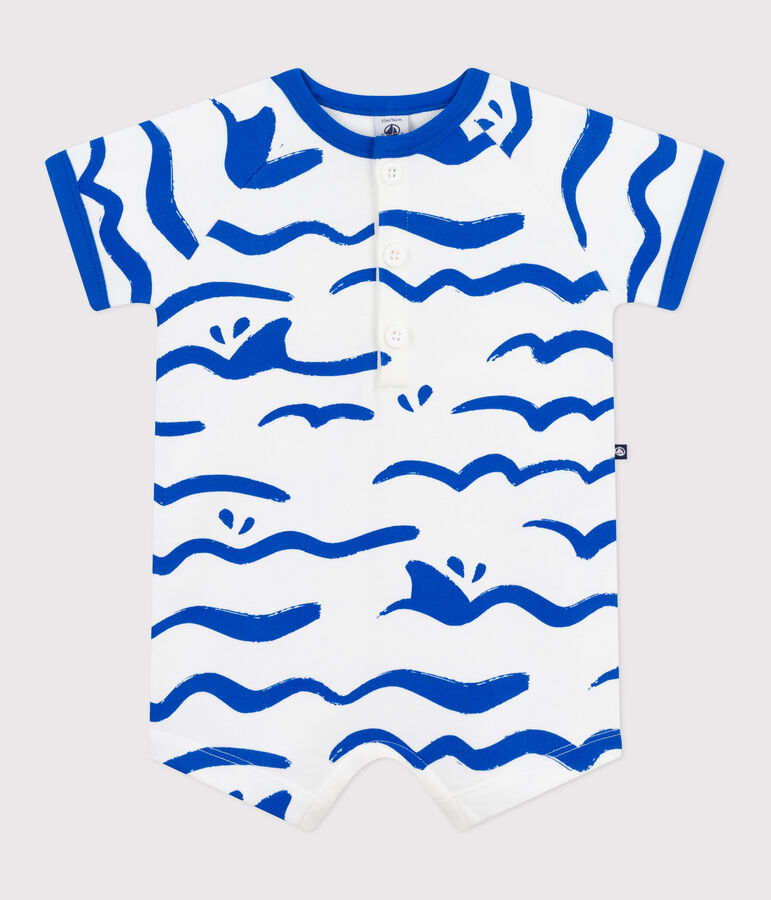 Babies' short-sleeved shark print cotton playsuit MARSHMALLOW blue/PORCELANA