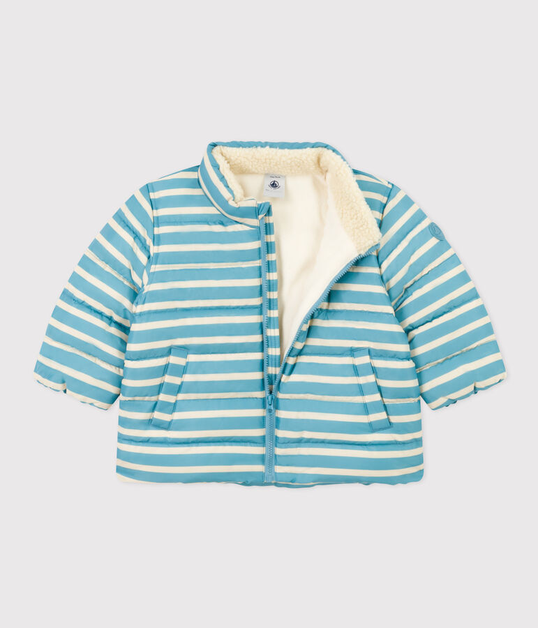 Babies' Stripy Puffer Jacket with Retractable Hood blue/ecru