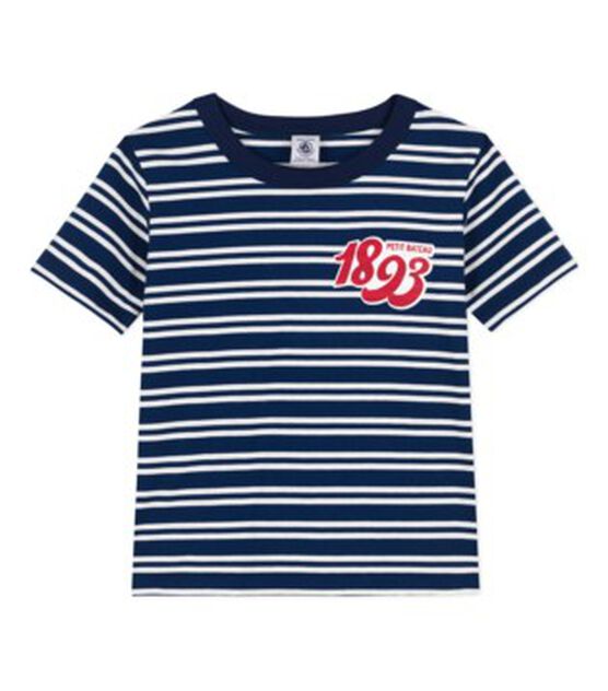 Boys' Striped Cotton T-Shirt MEDIEVAL blue/MARSHMALLOW white