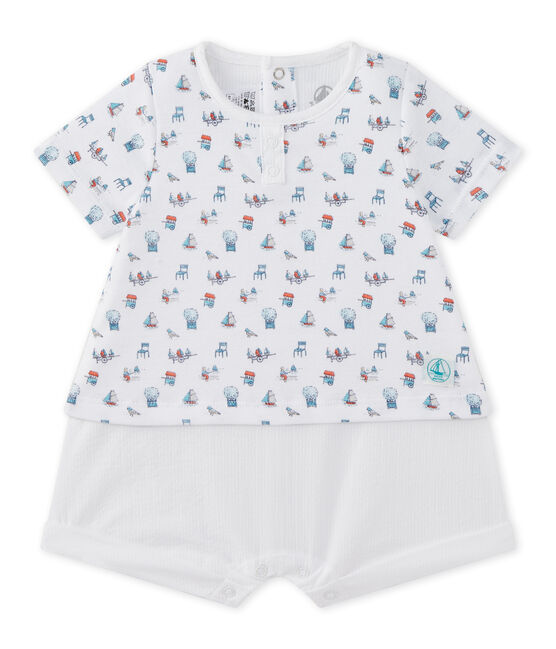 Baby boys' dual-fabric romper ECUME white/MULTICO white