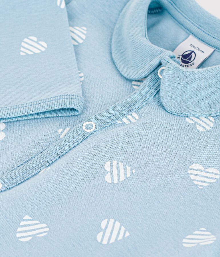 Babies' heart print footless cotton pyjama suit with a collar green/white