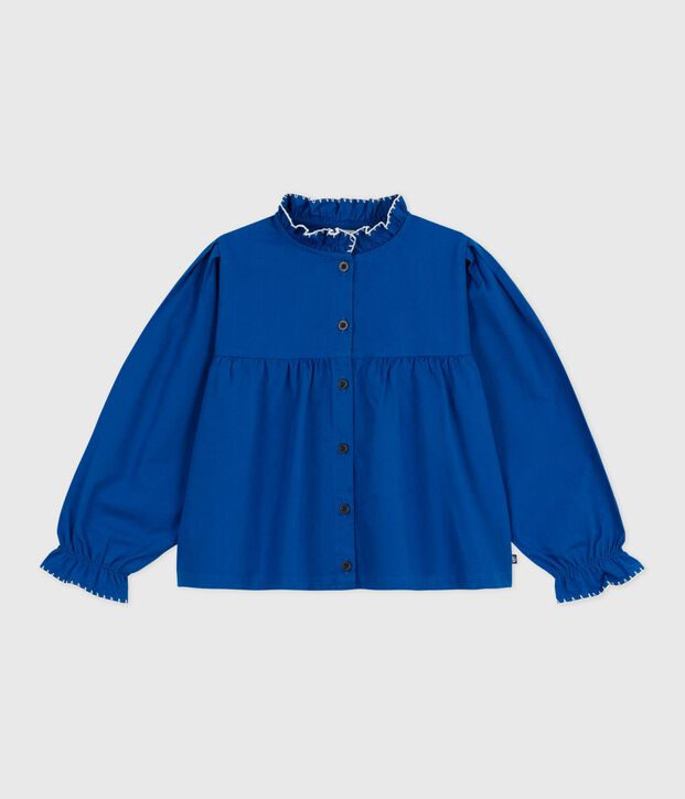 Children's long-sleeved plain cotton twill blouse blue