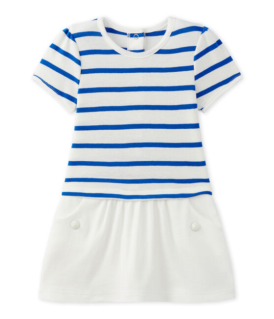 Baby girl's dress with short sleeves MARSHMALLOW white/PERSE blue