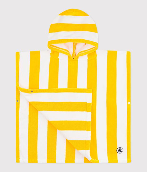 Children's stripy cotton terry bath poncho yellow/white