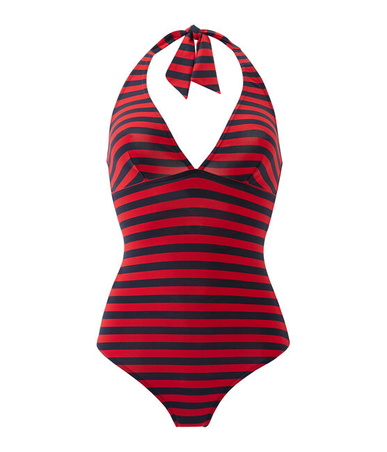 Women's one-piece sailor-stripe swimsuit SMOKING blue/TERKUIT red