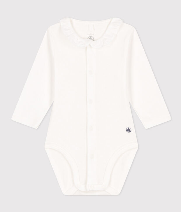 Babies' Long-Sleeved Cotton Bodysuit With Ruffle Collar white