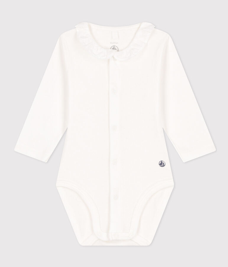 Babies' Long-Sleeved Cotton Bodysuit With Ruffle Collar MARSHMALLOW white