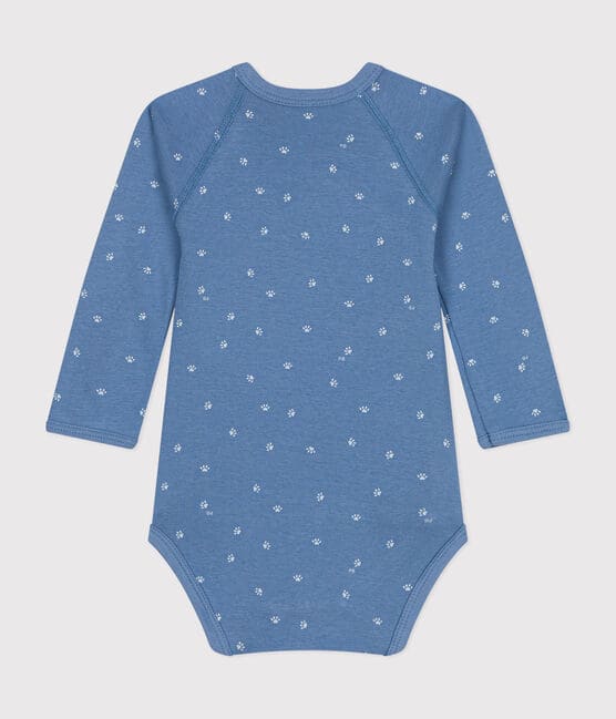 Babies' Long-Sleeved Cotton Wrapover Bodysuit. BEACH blue/MARSHMALLOW
