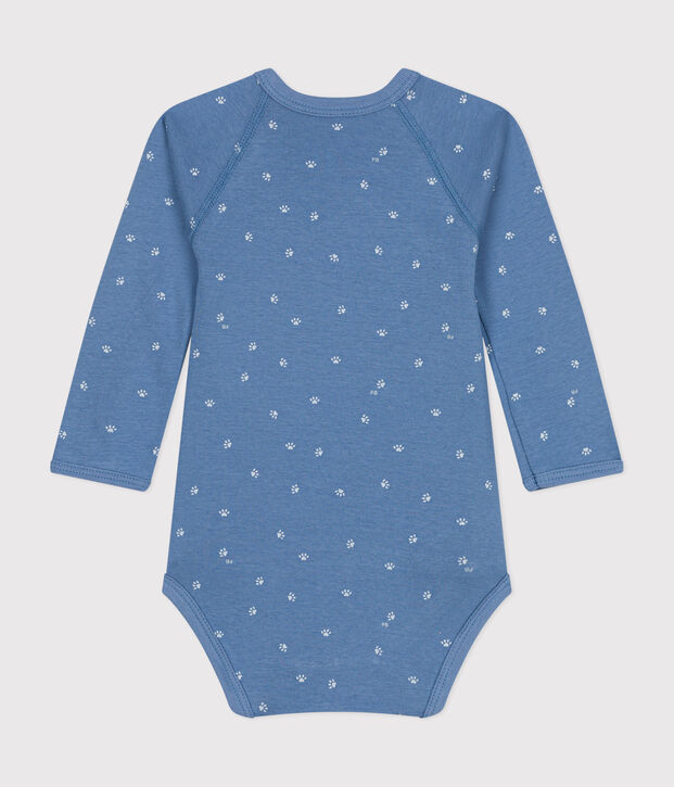 Babies' Long-Sleeved Cotton Wrapover Bodysuit. blue/white